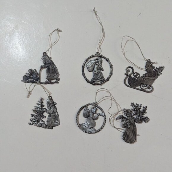 Santas Helpers Pewter Christmas Tree Ornaments Set Of 6 Vintage Holiday Decor - Picture 2 of 4